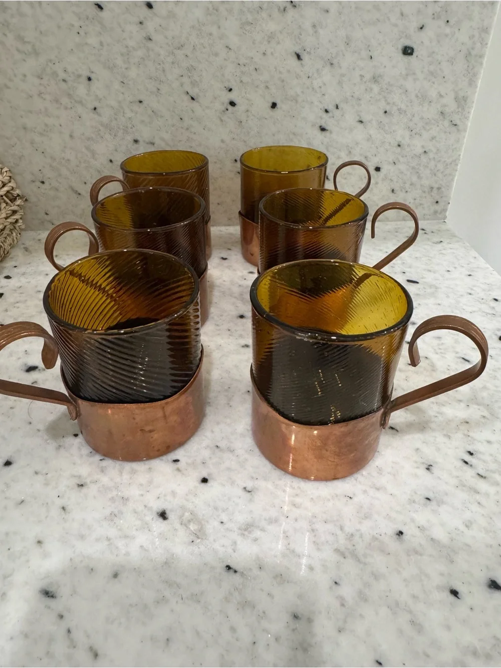 Amber Glass Tea Cups with Copper Holders - Set of 6